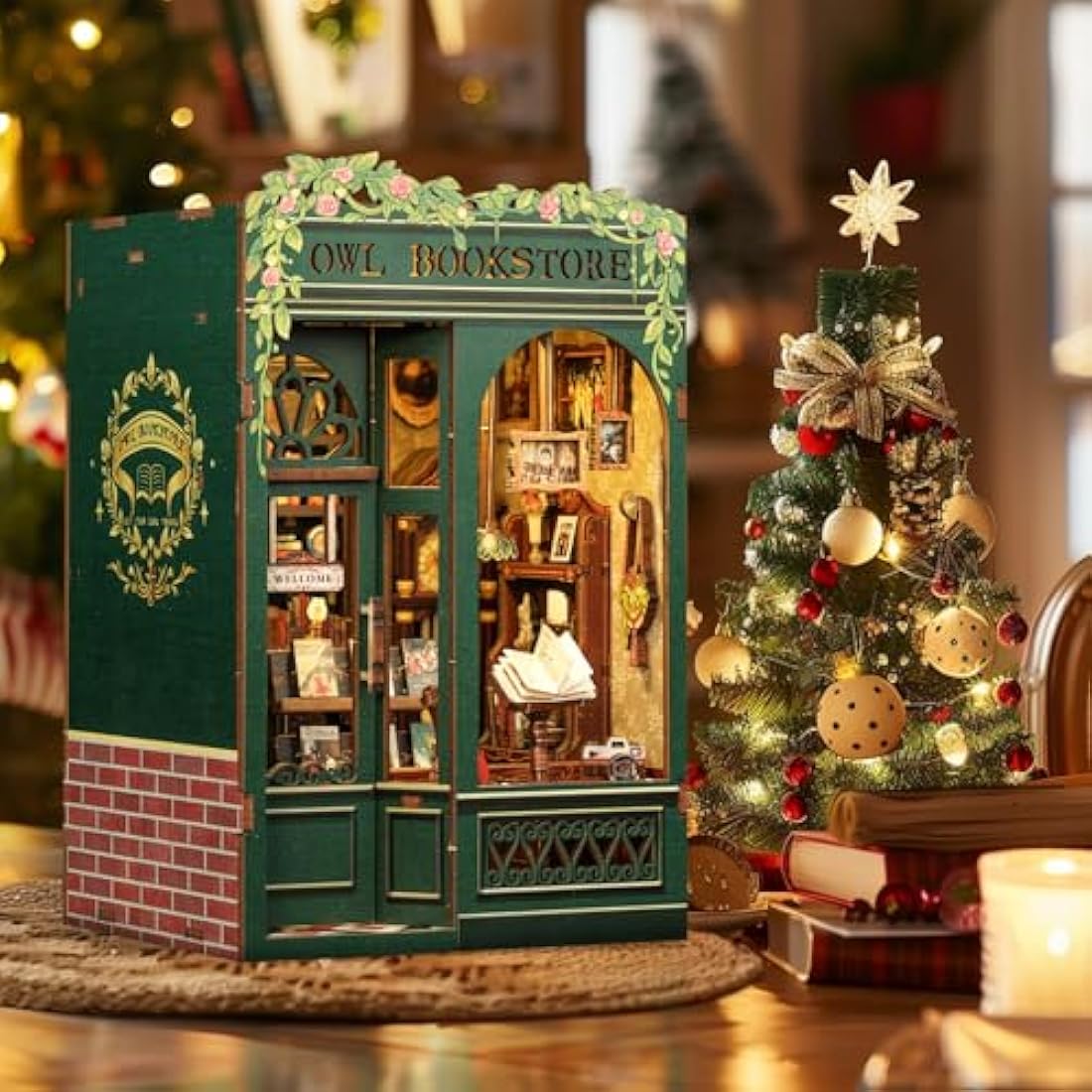 CUTEBEE Book Nook Kit - DIY Miniature Dollhouse Kits for Adults and Teens, 3D Wooden Puzzle Bookshelf Decor Alley Model Build with LED Light, Gifts for Family and Friends (Owl Bookstore)