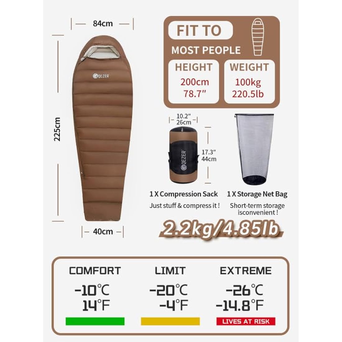 QEZER Winter Sleeping Bag for Adults, Lightweight Down Sleeping Bag -20 Degree C for Cold Weather Camping and Mountaineering Outdoor with 660 FP Duck Down