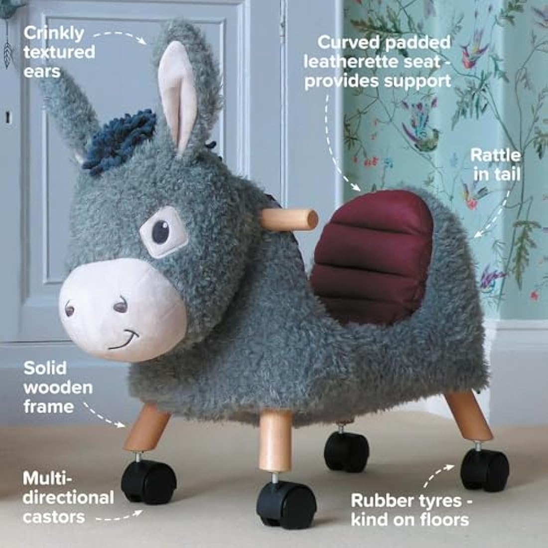 Little Bird Told Me - Bojangles Donkey Ride On Toy for Toddler 12+ Months Unisex - Soft Animal Toy on Wheels, Sturdy Wooden Frame, Wipe Clean Supportive Seat - British Brand Since 2007