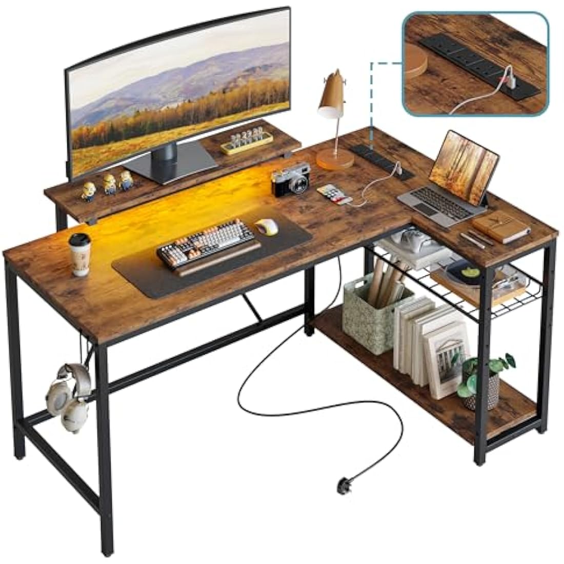 Bestier 132.5CM L-Shaped Desk with 3 Power Outlets & 2 USB Ports, LED Strip Lights – Reversible Corner PC Workstation with Shelves & Hooks for Home Office & Bedroom