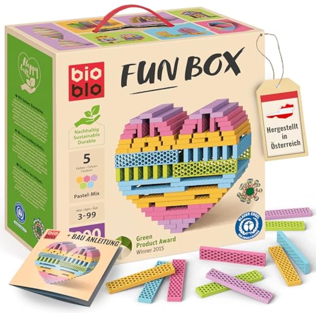 bioblo Funbox Pastel Mix 200 pieces | Sustainable colorful building blocks for children from 3 years | Wooden building blocks children's toys | STEM Montessori toys for stacking & balancing toy