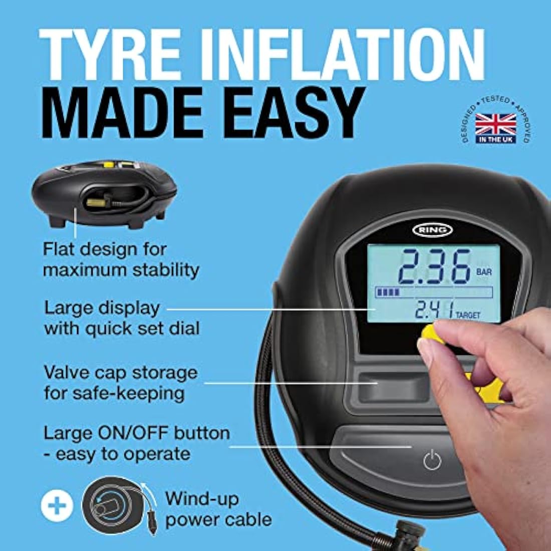 Ring Automotive TYREINFLATE 1000 Rapid Digital Tyre Inflator With Three Adaptors - Measures in PSI, BAR & Kpa