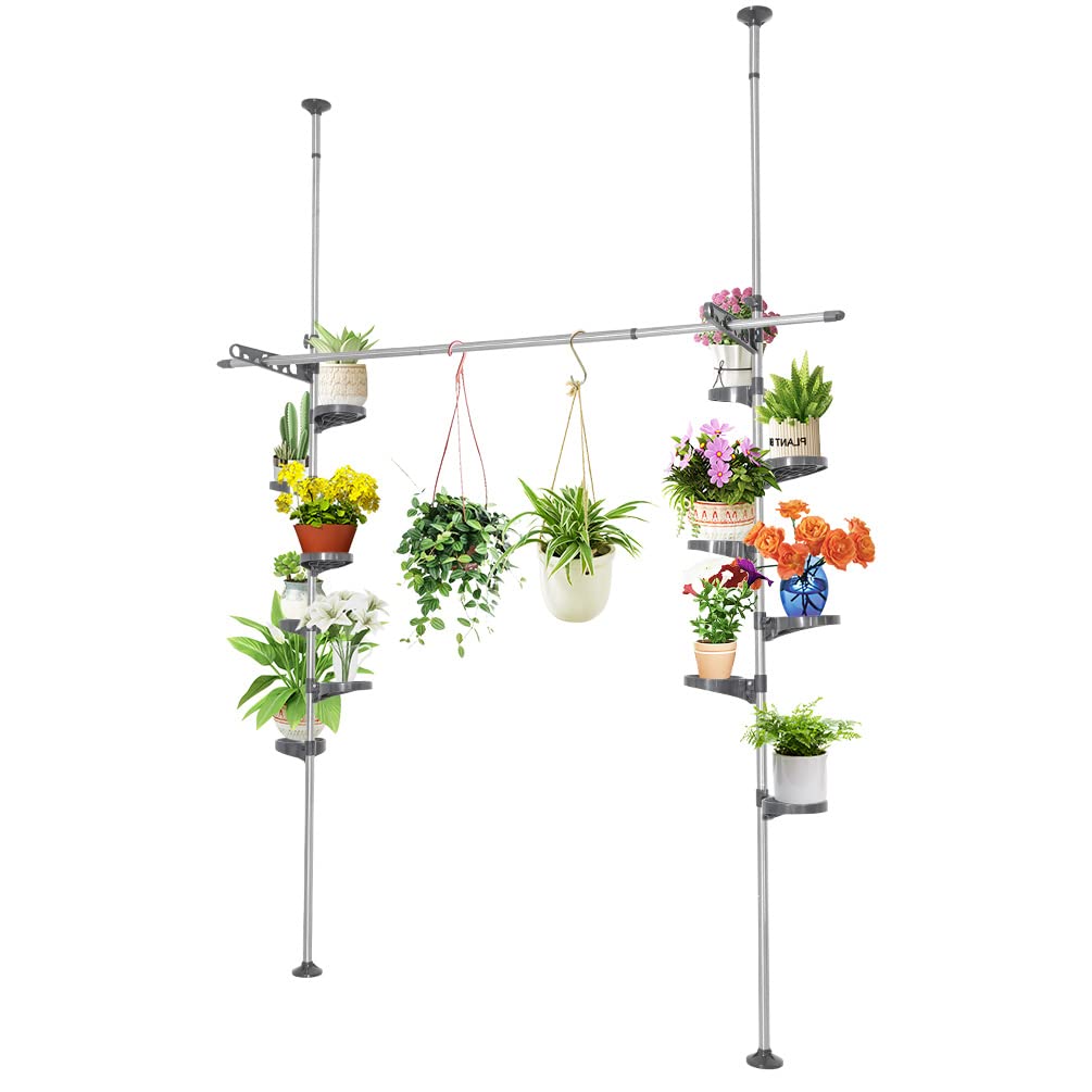 BAOYOUNI Indoor Plant Pole Stand Double Tension Rods Flower Pot Storage Shelf Holders Floor to Ceiling Display Rack Hanger with 12 Trays, 2 Hooks & 1