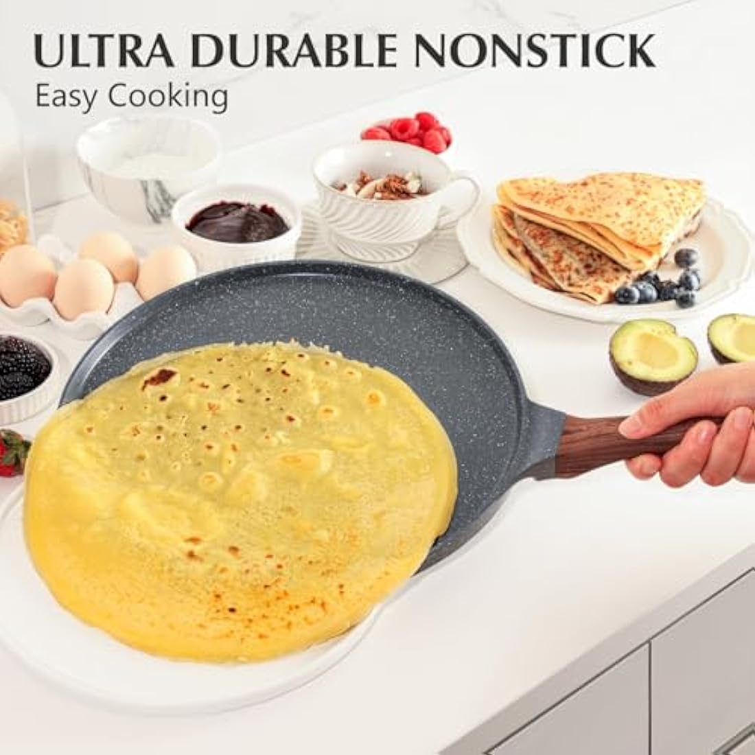 SENSARTE Non Stick Crepe Pan, Dosa Pan Die-cast Auluminium Pancake Flat Skillet Tawa Griddle 26cm with Stay-Cool Handle, Induction Compatible, PFOA Free