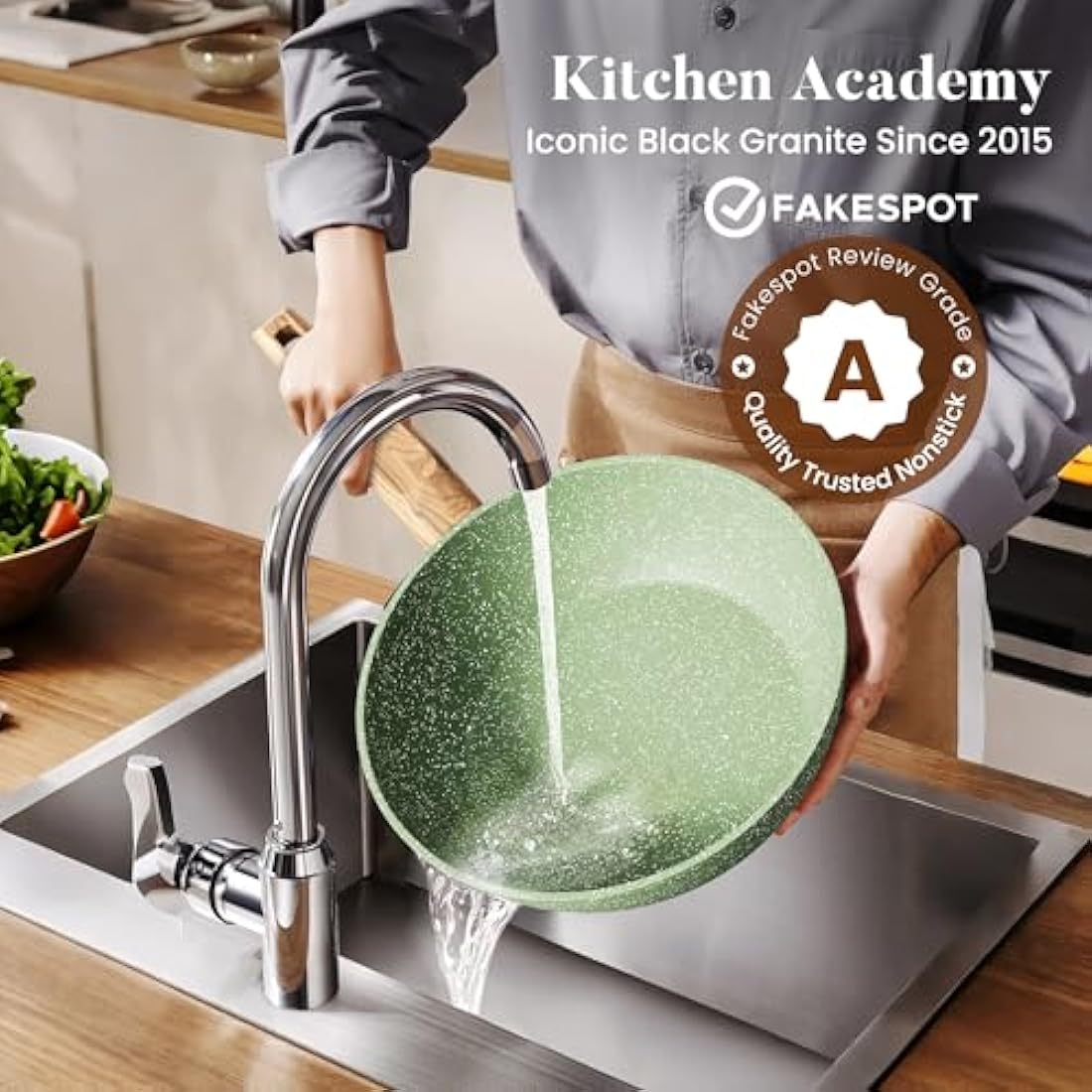Kitchen Academy 17 Pcs Pots and Pans Set Non Stick, Induction Kitchen Cookware Set, Green Healthy Nonstick Granite Coated Saucepans Frying Pans Set, PFOA & PFOS Free