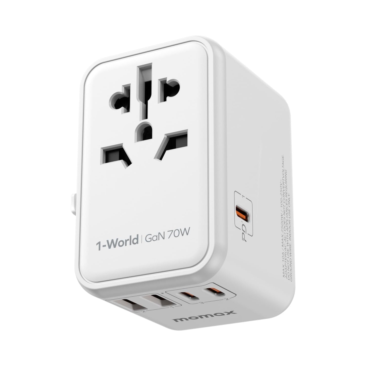 MOMAX Universal Travel Adapter,70W GaN Travel Plug Adapter with UK/EU/AU/US Plugs, 3USB-C PD & 2USB-A QC International Adapter Charger, White Gray