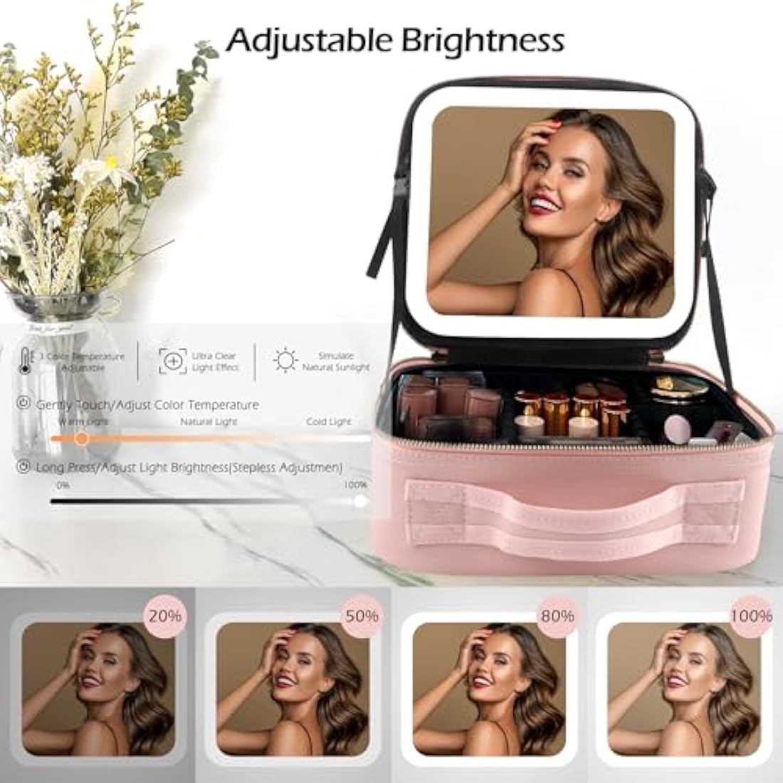 MOMIRA Travel Makeup Bag Cosmetic Bag Makeup Organizer Bag with Lighted Mirror, Adjustable Brightness in 3 Color Scenarios, Waterproof Makeup Train Case, Gift for Women - Pink