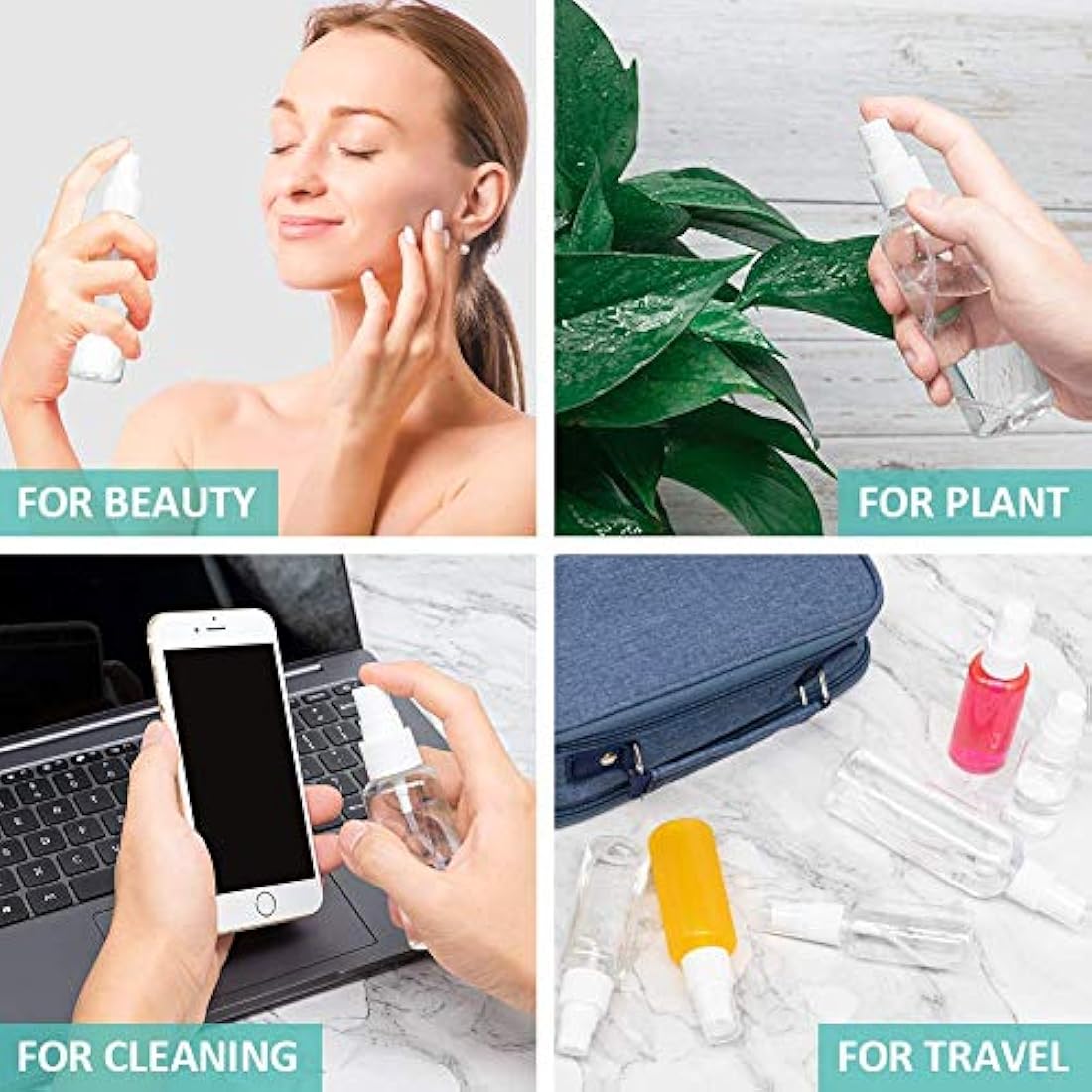 USSJ Spray, 1.69oz/50ml 3.38oz/100ml Clear Empty Fine Mist Plastic Mini Travel Bottle Set, Small Refillable Containers with Labels (3pcs 50ml), Pet