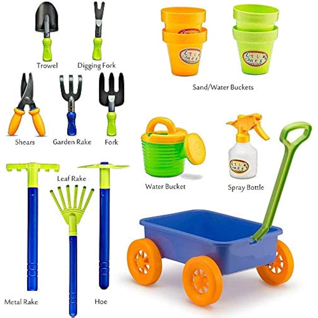 Delex Pull along Kids Wagon Wheelbarrow and Gardening, Beach and Tools Play Set With Water Pail and Spray Includes 10 Accessories and 4 Plant Pots