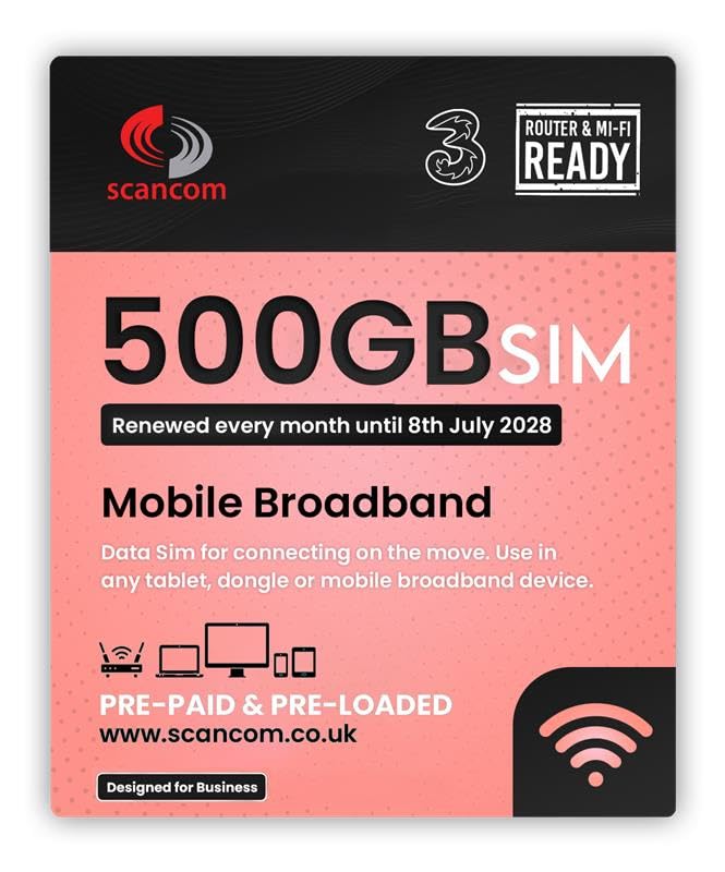 Three 500GB Data SIM - Uncapped 5G - Preloaded MONTHLY Until July 2028 - Plug & Play for Routers & Phones - Access to Three & Vodafone - Connects to