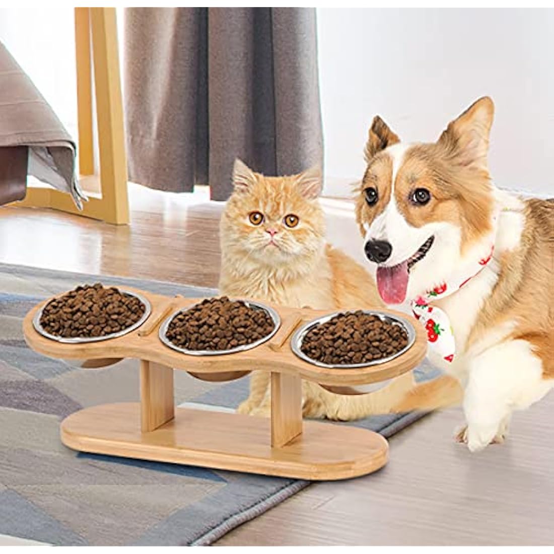 GHIAKQYT Cat Feeding Station, 3 Bowls, Raised Cat Bowl, Set of 3, Height Adjustable, Feeding Bowl with Wooden Stand, Stainless Steel Bowls for Water Food, Feeding Bowl for Cats, Small Dogs