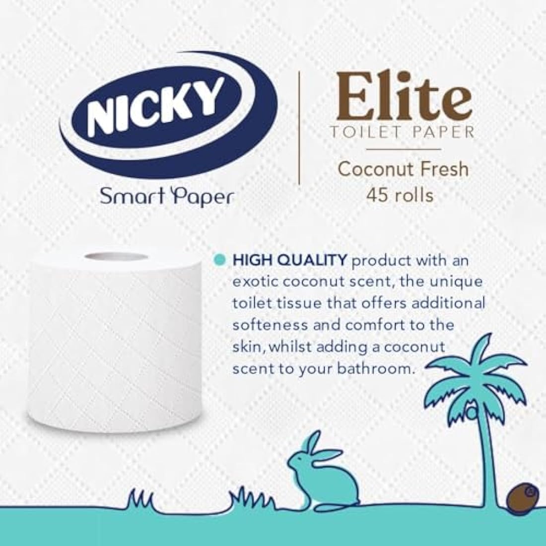 Nicky Elite Coconut Fresh Toilet Tissue - 45 Rolls of White Toilet Paper, 168 Sheets per Roll, 3-Ply, Exotic Coconut Scent, Softeness and Comfort to the Skin, 100% FSC Certified Paper, Easy Open Pack