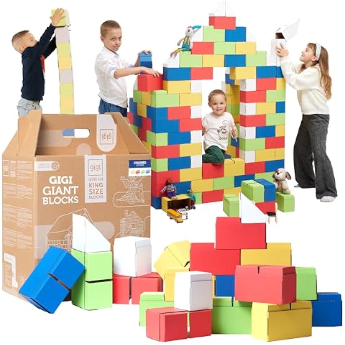 GIGI BLOKS 200 XXL Large Building Blocks for Kids Stackable & Interlocking | Children's Cardboard Building Bricks, Sturdy and Easy to Assemble | Creative Real-Size Kids Construction Toys (Coloured)