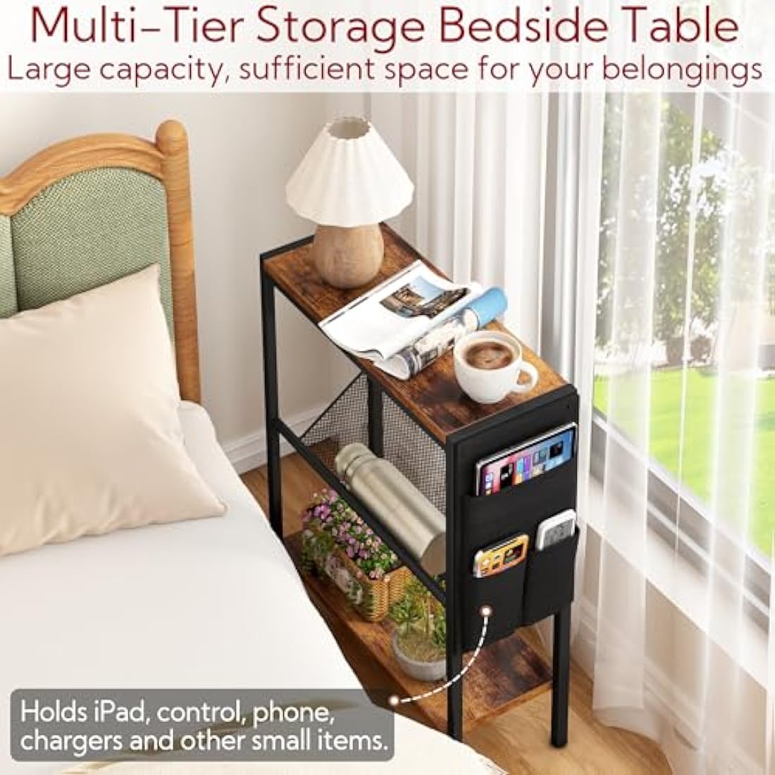 Yusong Small Narrow Side Table for Small Spaces, Slim End Table with Storage Bag, Sofa Snack Table with Adjustable Metal Mesh, 3 Tier Accent Skinny Beside Table for Living Room & Bedroom, Rustic Brown