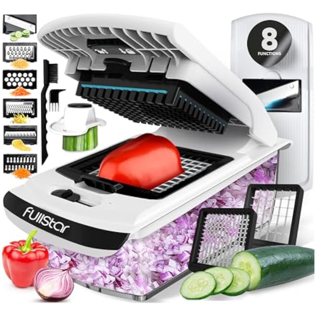 Vegetable Chopper & Mandoline Slicer with Container - Veggie Onion Salad Food Cutter Dicer - Julienne & Wavy Slicer - Grater Zester - Kitchen Tools Gadgets - Home Essentials (8-in-1 PRO White)