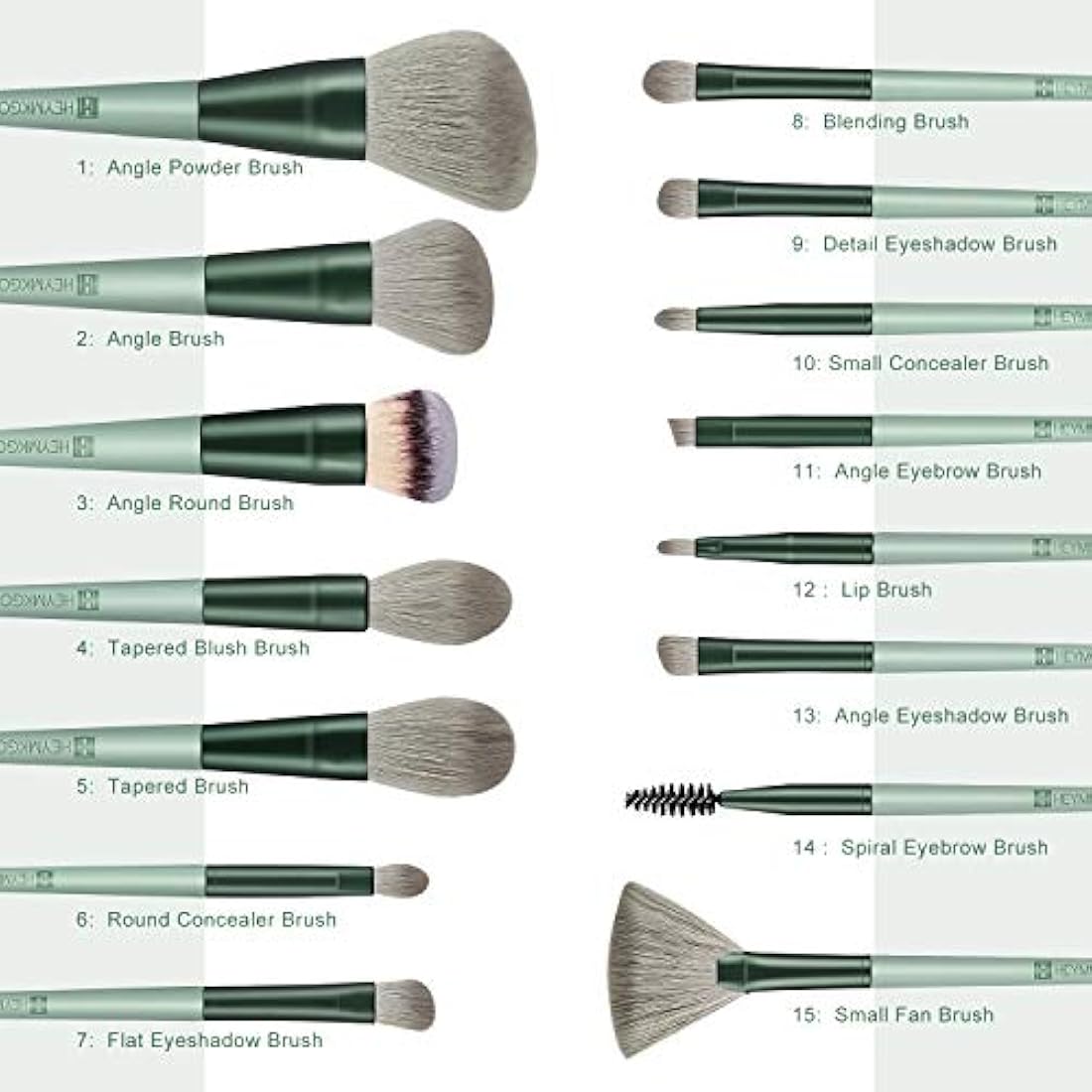 Makeup Brushes HEYMKGO 15pcs Premium Synthetic Bristles Green Conical Handle Kabuki Foundation Brush Makeup Sets Professional Portable Flannel Bag