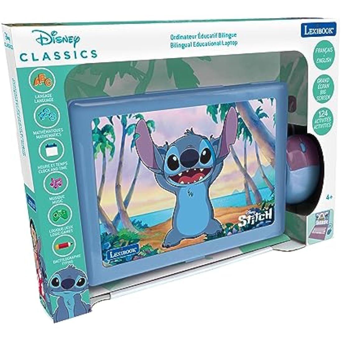 LEXIBOOK, Disney Stitch, Bilingual English/French Educational Laptop, 124 Language Activities, Writing, Maths, Logic, Music and Games, Boys and Girls, Purple/blue, JC598Di1