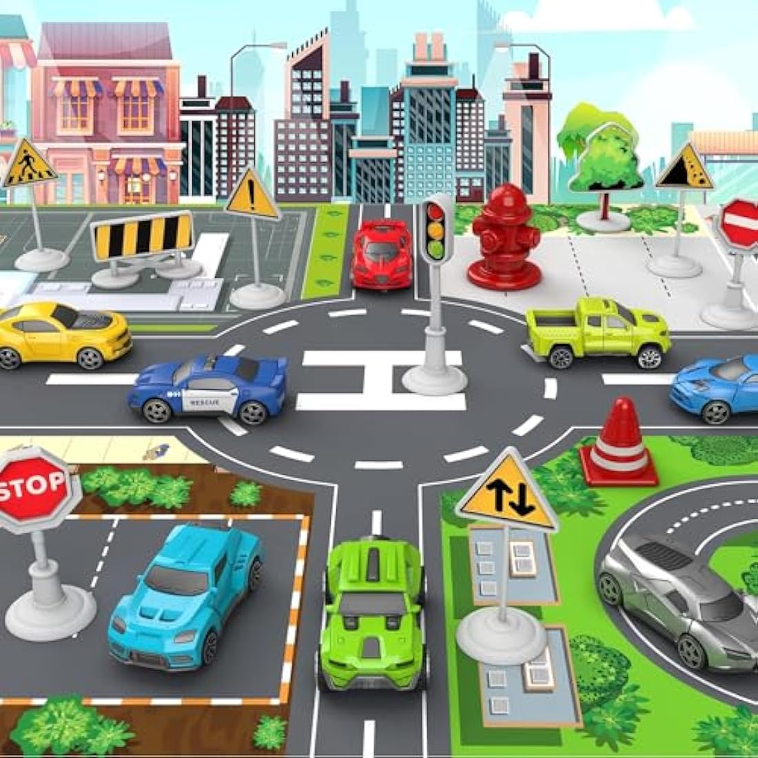 kramow Toys for 3 Year Old Boy, Cars Toy set, Airplane Toys, Transport Aeroplane with Play Mat, 8 Sports Cars, 1 Helicopter, 11 Traffic Signs, Cargo Plane Gifts for Kids Boys Girls age 3 4 5 6