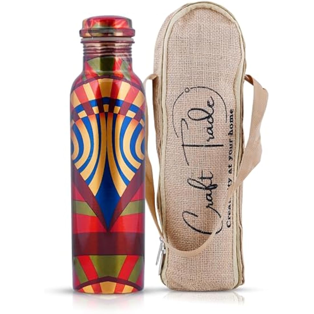 Craft Trade Printed Pure Copper Bottle with Lid and Carry Bag for Drinking Water BPA Free Leak Proof Boosts Immunity, Supports Digestive & Ayurveda Inspired 34oz - 1 Litre