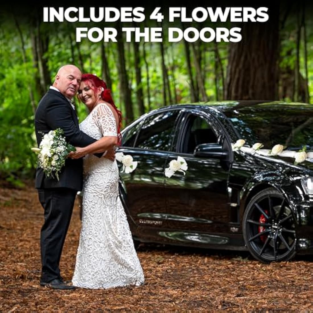 Nueva Vida Wedding Car Decoration, Silk Flowers for Your Wedding Car - 2 x 180 cm Garland for the Bonnet, Including 4 Door Handle Ribbons