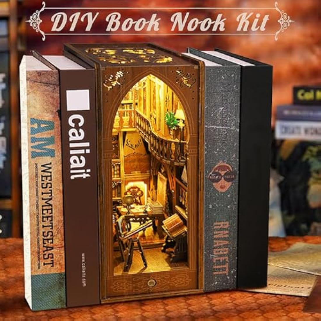 CRIOLPO Book Nook Kit - DIY Dollhouse Booknook, Book Nook Miniature Kit for Bookshelf Insert Decor Crafts for Adults Teens, 3D Wooden Puzzle Bookends with Sensor Led Light (Library of Books)