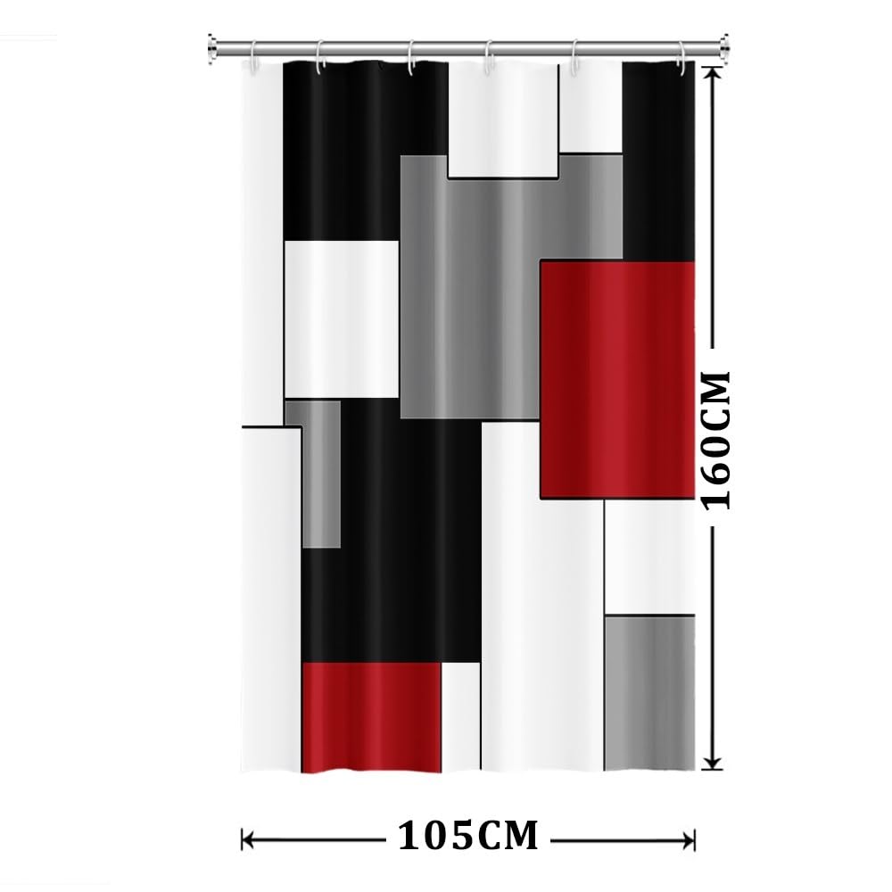 Xiaoterna Geometric Shower Curtain Red and Black Bathroom Curtain Modern Abstract Art Colorful Square Stripes Water Repellant Fabric Washable Shower