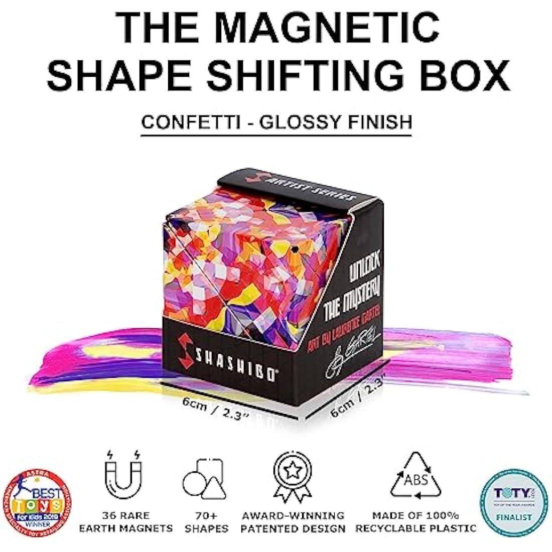 SHASHIBO Shape Shifting Box - Award-Winning, Patented Fidget Cube w/ 36 Rare Earth Magnets - Transforms Into Over 70 Shapes (Confetti- Artist Series)