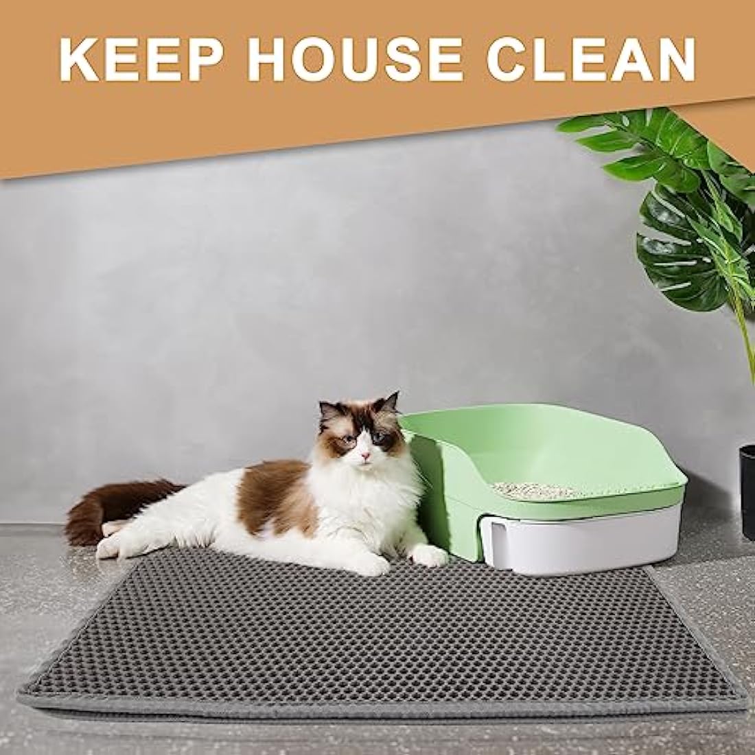 Garoopion Cat Litter Mat, 90 X 76 cm EVA Litter Trapping Mat, Double Layer Honeycomb Holes Design, Grey, 1 Side Connected