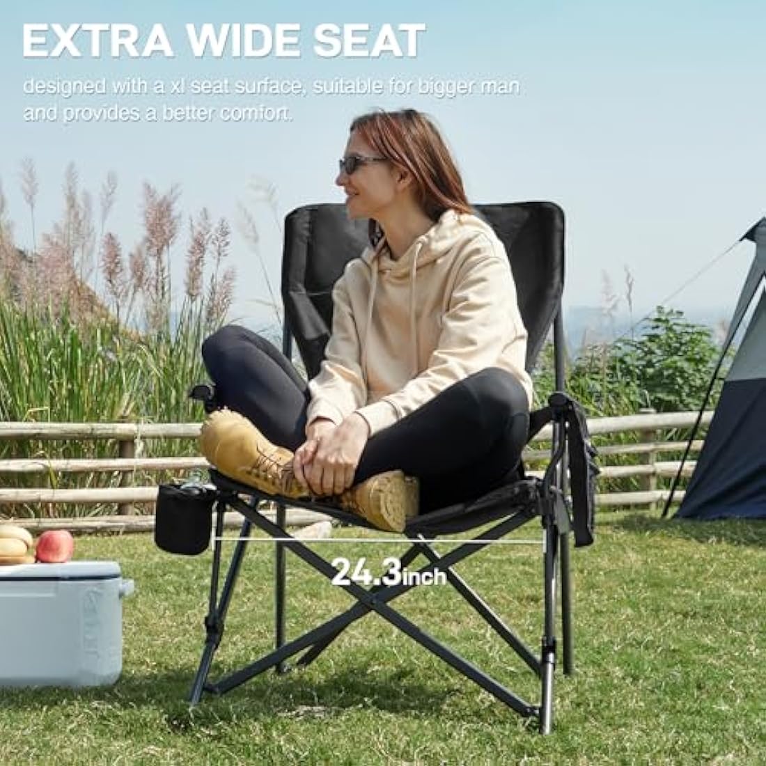 EVER ADVANCED Oversized Folding Camping Chair for Adults with Adjustable Lumbar Support, Heavy Duty Chair with Side Pockets, Portable Collapsible Quad Chairs for Outside, Support Up to 230KG,Black