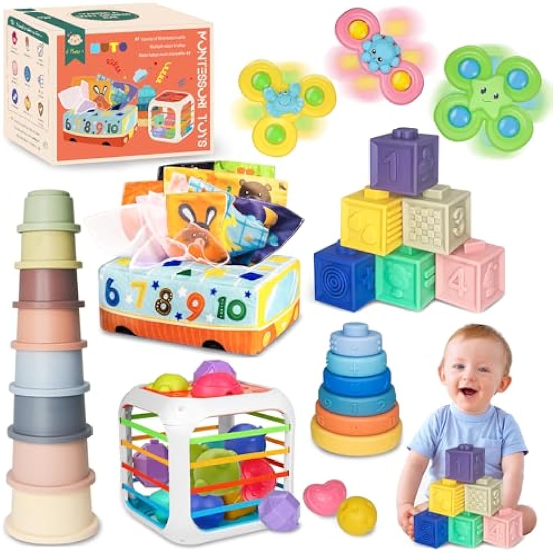 MutoToy® Baby Toys 6 Months Plus, 6 in 1 Montessori Toys, 42PCS Sensory Toys with Stacking cups, Suction Cup Spinner Toys, Baby Tissue Box Toy, Shape Sorter, Stacking Rings, Baby Blocks