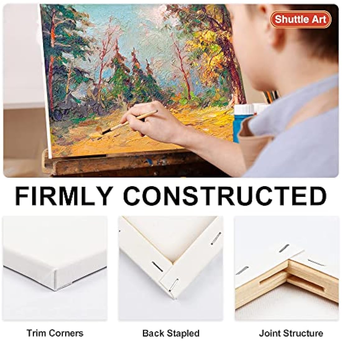 Shuttle Art Canvas for Painting, 15 Multi Pack Stretched Blank Canvas Boards, 4x4, 5x7, 8x10, 9x12, 11x14 Inches (3 of Each), Primed White Painting Canvas, Canvases for Acrylic, Oil Painting