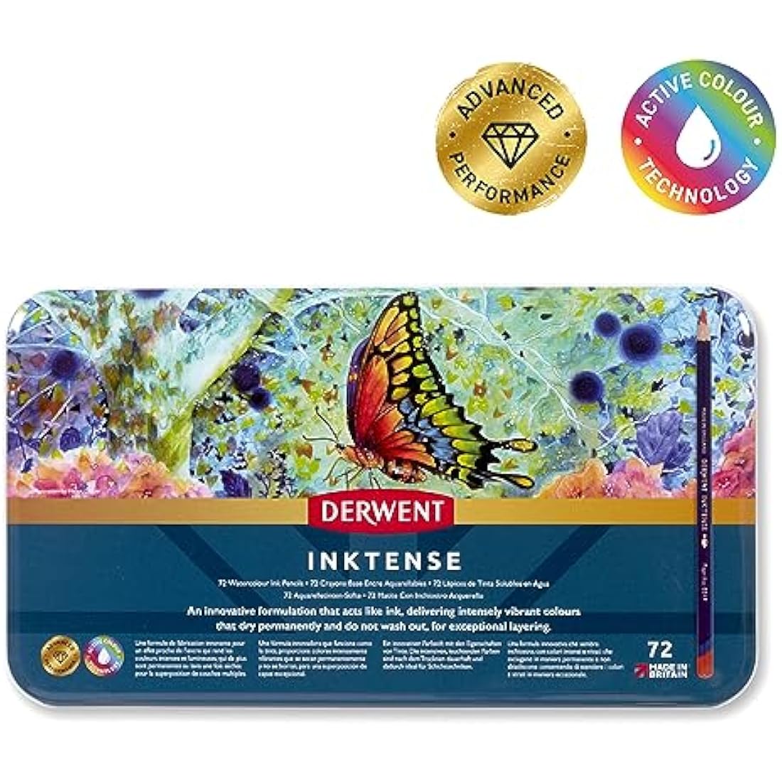 Derwent Inktense Permanent Watercolour Pencils, Set of 72 in 2 Layer Tin, 4mm Premium Core, Water-Soluble, Ideal for Colouring, Painting and Crafting, Professional Quality (2301843)