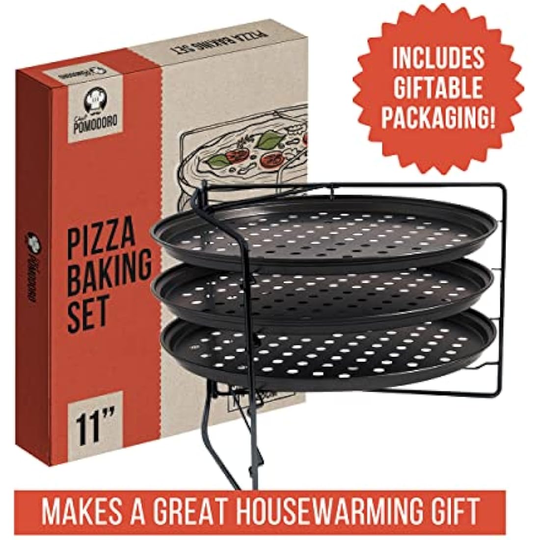 Chef Pomodoro Pizza Baking Set with 3 Pizza Pans and Pizza Rack, (28cm Pans), Non-Stick Perforated Pizza Trays for Oven, Pan with Holes, Pizza Pan for Oven, Barbeque, Bakeware Supplies
