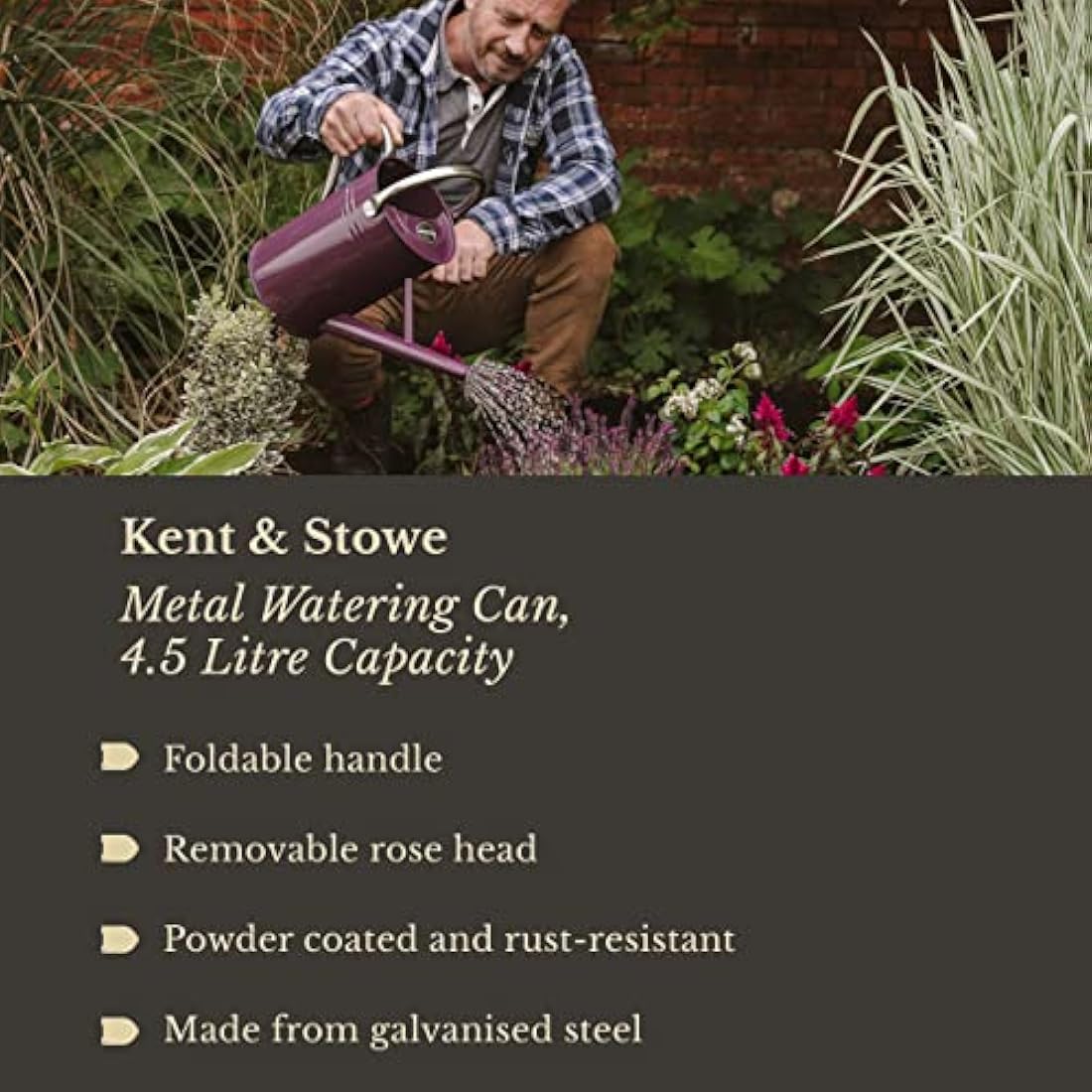 Kent & Stowe 4.5L Metal Watering Can in Deep Violet, Rust-Resistant Galvanised Watering Can with Handle and Detachable Rose, Classic All Year Round Garden Tools Made from Steel