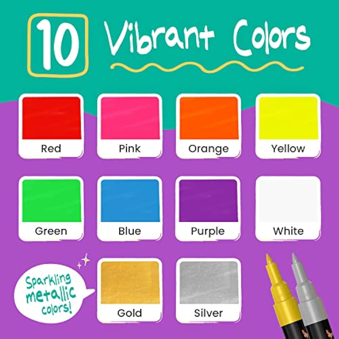 Liquid Chalk Pens (10 Pack) with Gold & Silver - Extra Fine Tip Dry Erase Marker Pens for Blackboard, Windows, Chalkboard Signs, Bistro - 1mm Tip
