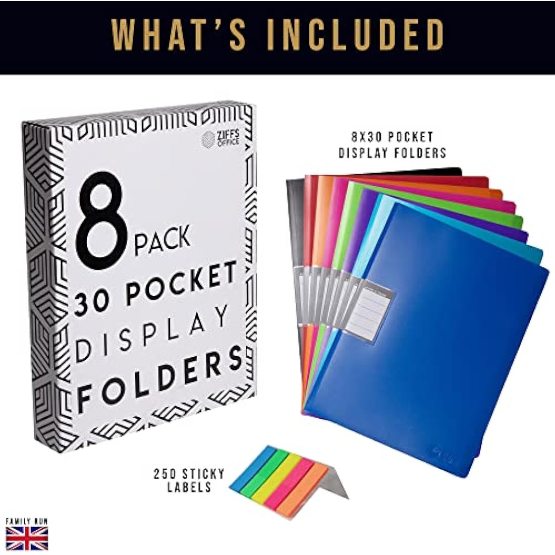 Ziffs Office® 8 x 30 Pocket A4 Display Folders - A4 Display Folders with Plastic Pockets - A4 Folder - Display Book - Presentation Folders - 250 Sticky Labels Included - Project Folder - British Brand