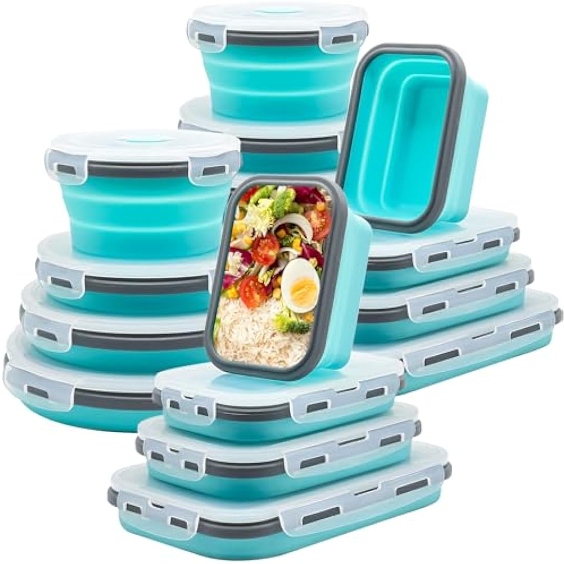 Lunememo Pack of 16 Foldable Food Storage Boxes with Lid, Collapsible Lunch Box, Foldable Silicone Bowl for Snacks, Meals, Leftovers, On the Go and Home, Blue