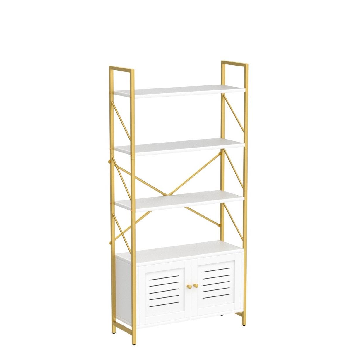 YITAHOME Bookcase with Storage Cabinet, Standing 5 Tiers Book Shelf Display Rack with Doors for Bedroom Living Room Office,White&Gold