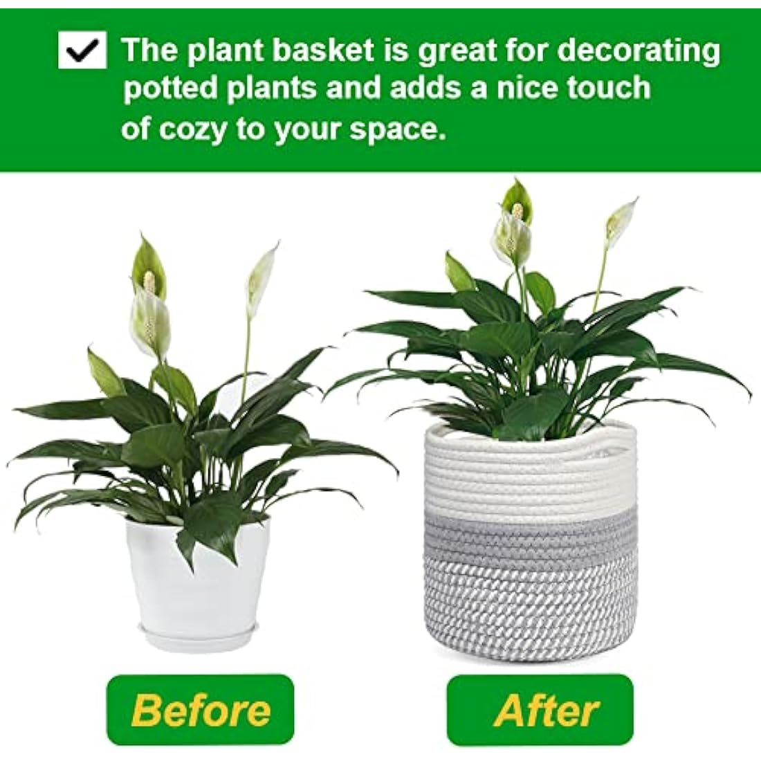 tenn well 20cm Plant Pot with Liner, Cotton Indoor Planter Woven Storage Basket for Indoor Plants Flower Pot and Home Decoration (White and Grey)