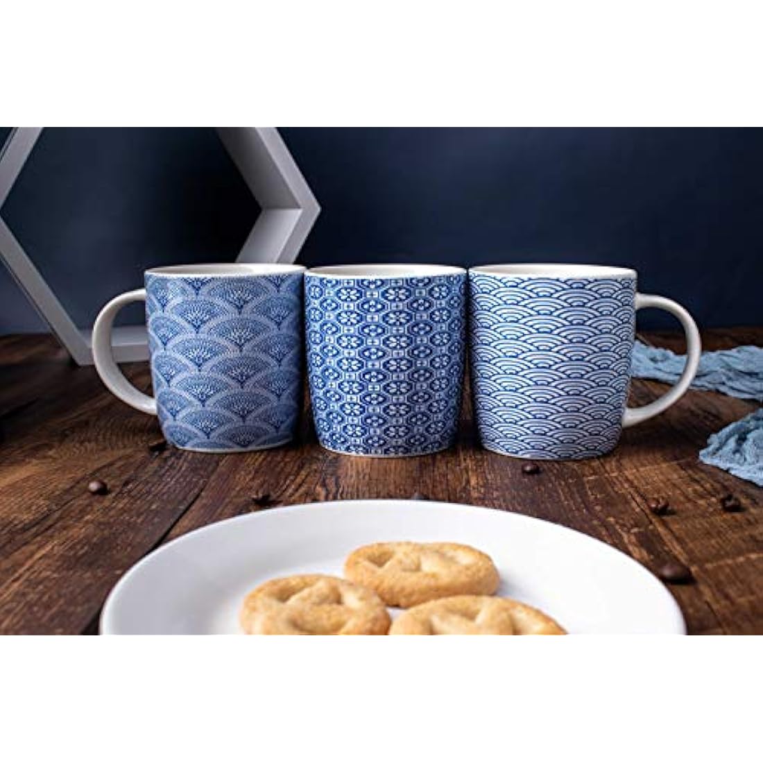 MACHUMA Set of 6 Coffee Mugs 340 ML/11.5 oz with Blue and White Geometric Patterns, Ceramic Tea Cup Set 6 Pack