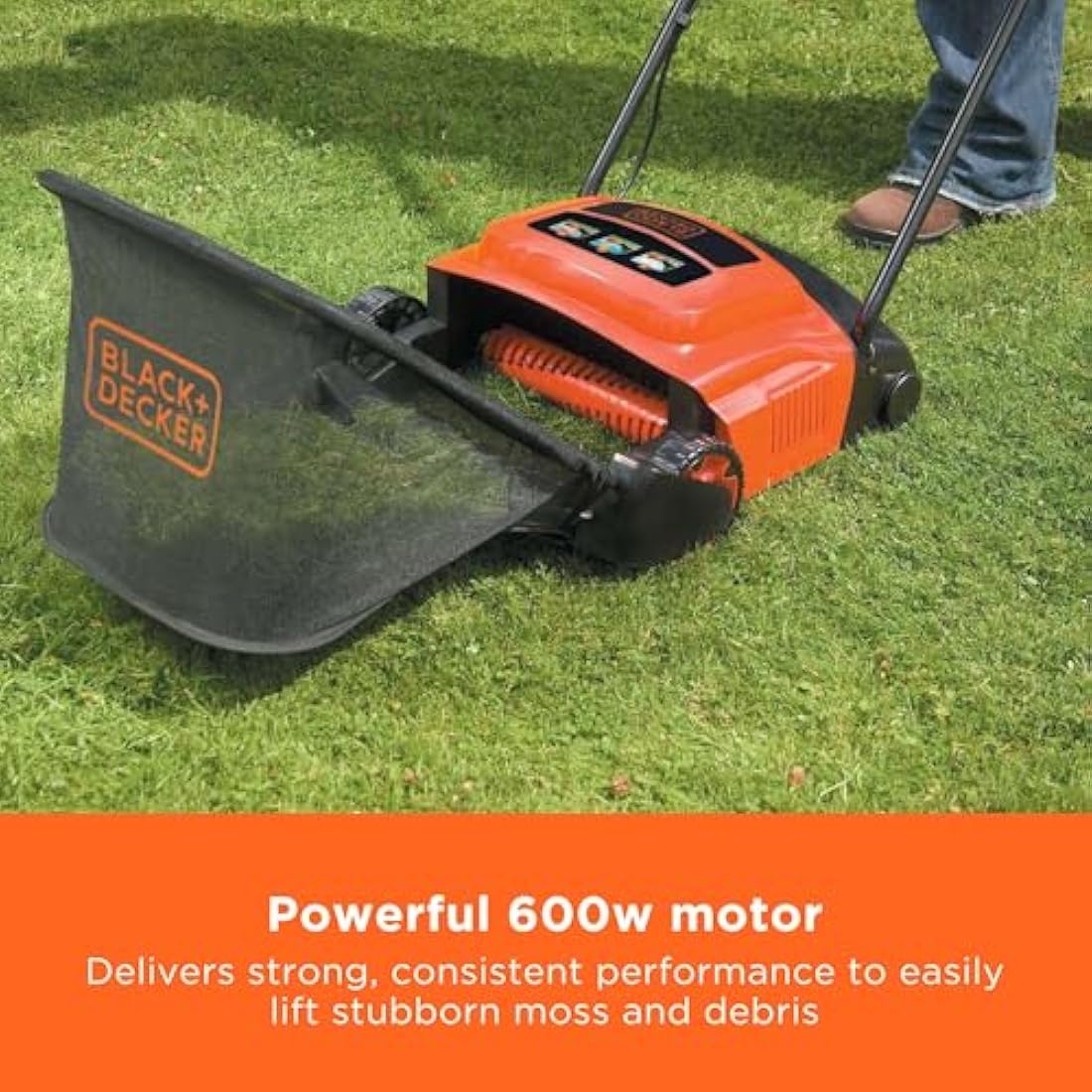 BLACK+DECKER Lawn Raker, 600W, Adjustable Height Scarifier with Large Capacity Front Loading Grass Box, GD300-GB