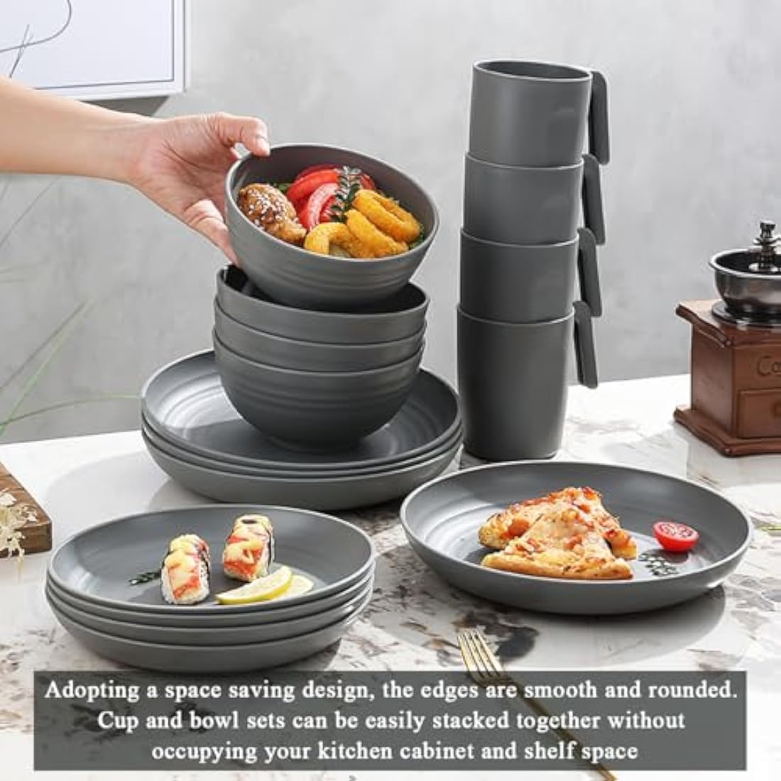 Kyraton Plastic Dinnerware Sets of 32 Pieces Service for 8, Unbreakable and Reusable Light Weight Plates Mugs Bowls Dishes Easy to Carry and Clean Microwave Safe BPA Free Dishwasher Safe