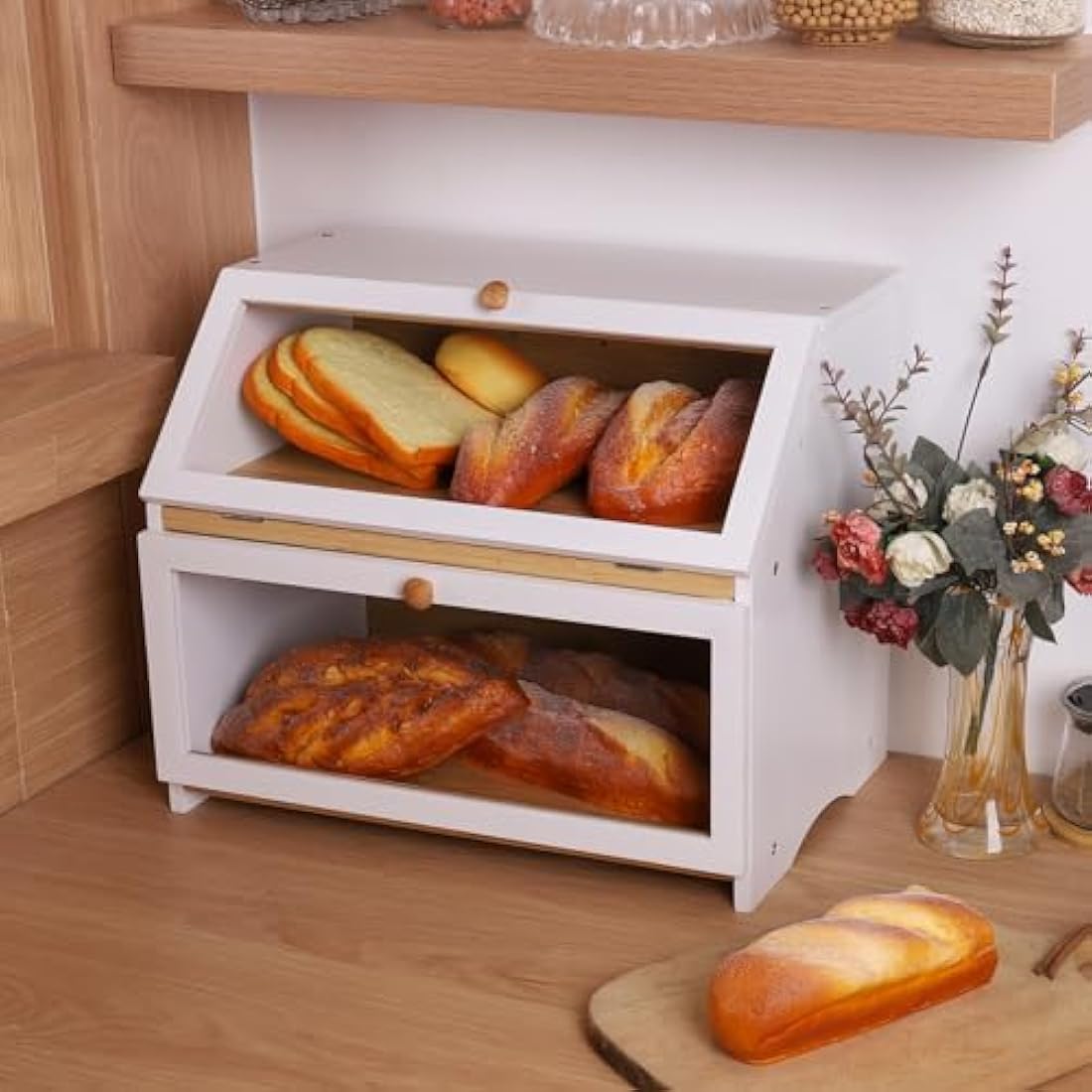 Leader Accessories Double Decker Bamboo Bread Bin 2-Layer Bread Box Large Capacity Bread Storage for Kitchen 15.3"x9.8"x12.6" White