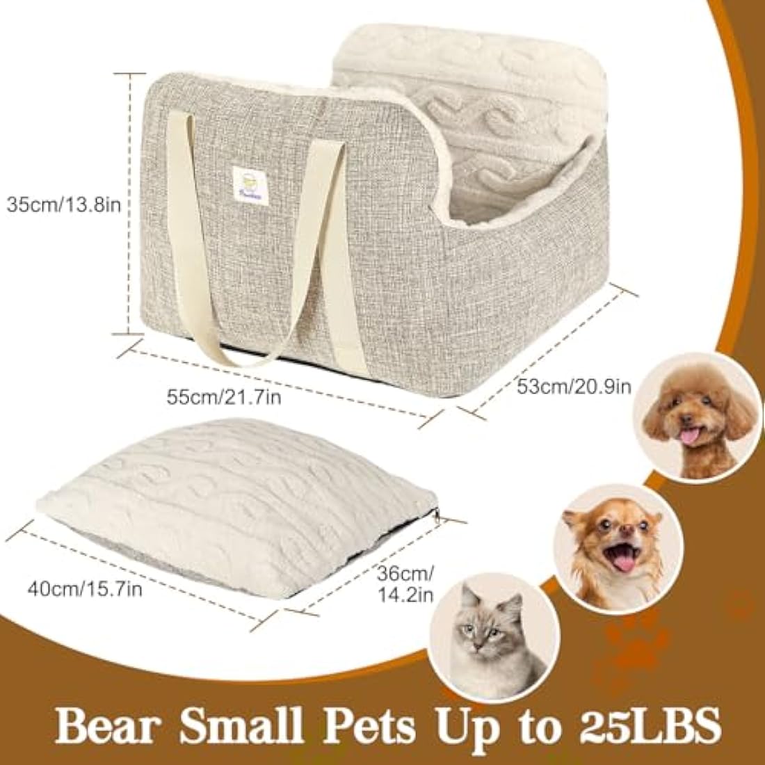 Pawaboo Small Dog Car Seat, Dog Booster Car Seat for Small Dogs, Puppy Seat for Car with Fixed Buckle and Safety Leash, Thickened Dog Bed Car Seat, Pet Travel Carrier Bed Up to 25lbs (Brown+Beige)