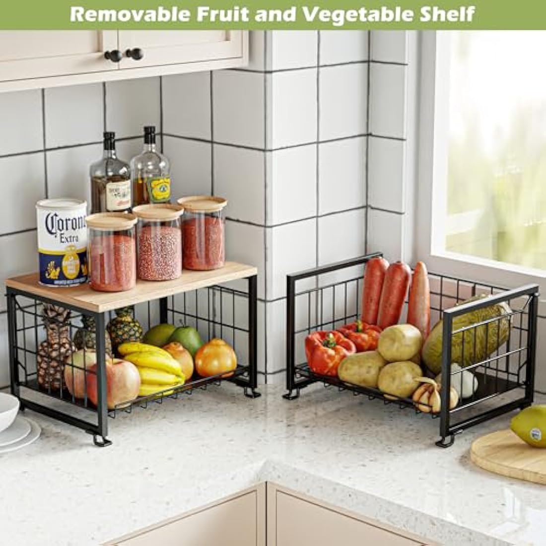 UMDONX Fruit Rack,Kitchen Countertop Wire Storage Basket,Vegetable Rack,Fruit and Veg Storage 2 Layers (Black)