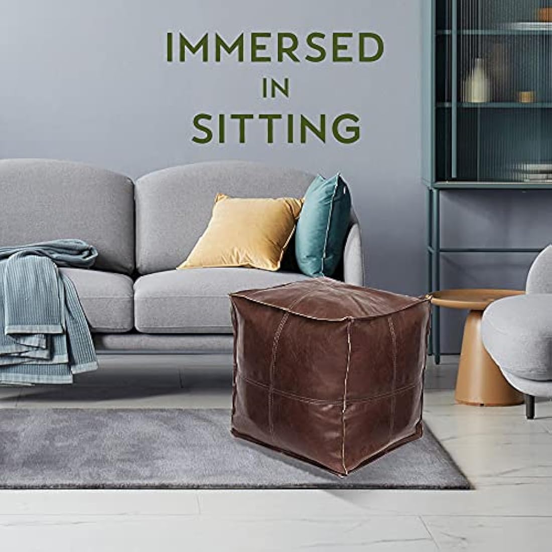 Louis Donne Unstuffed Square Faux Leather PU Pouf, Supersoft Handmade Ottoman Faux Moroccan Decor, Storage Solution, Foot Rest, Footstool, Pouffe Seat for Balcony Office Indoor, Brown-45"x45"x45"…