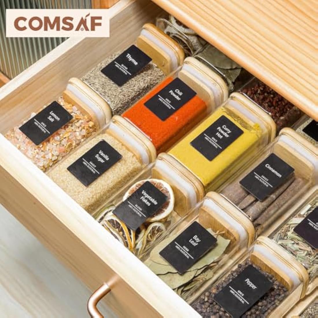 ComSaf 12 Pcs Glass Spice Jars with Bamboo Lids, 8oz/250ml Square Glass Storage Jars with 275 Black Lables, Airtight Spice Jars with Lids, Glass Container for Spice, Salt, Sugar, Seeds, Nuts etc