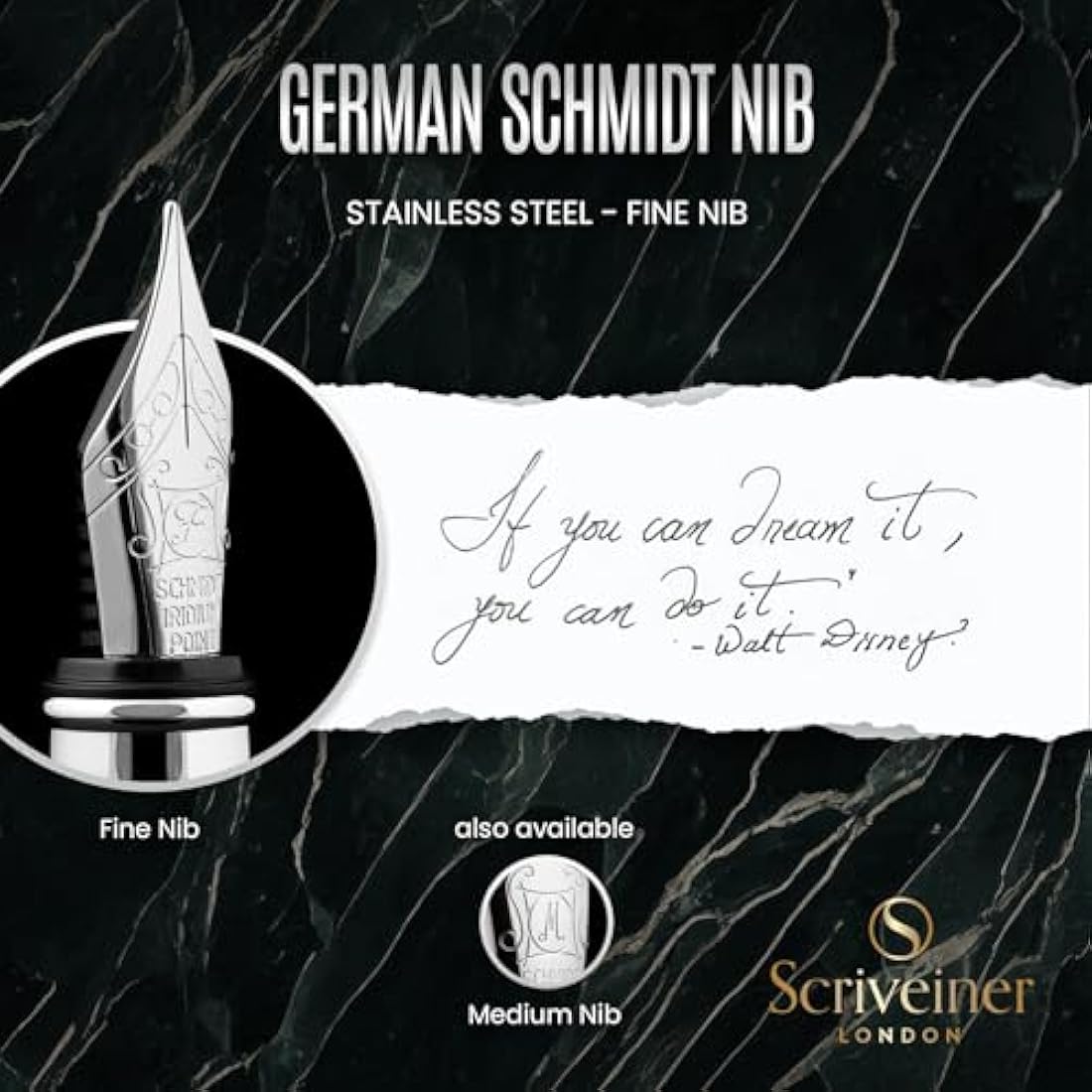 Scriveiner Black Green Fountain Pen - Stunning Luxury Pen with Chrome Finish, Schmidt Nib (Fine), Best Pen Gift Set for Men & Women, Professional, Executive, Office, Nice Pens