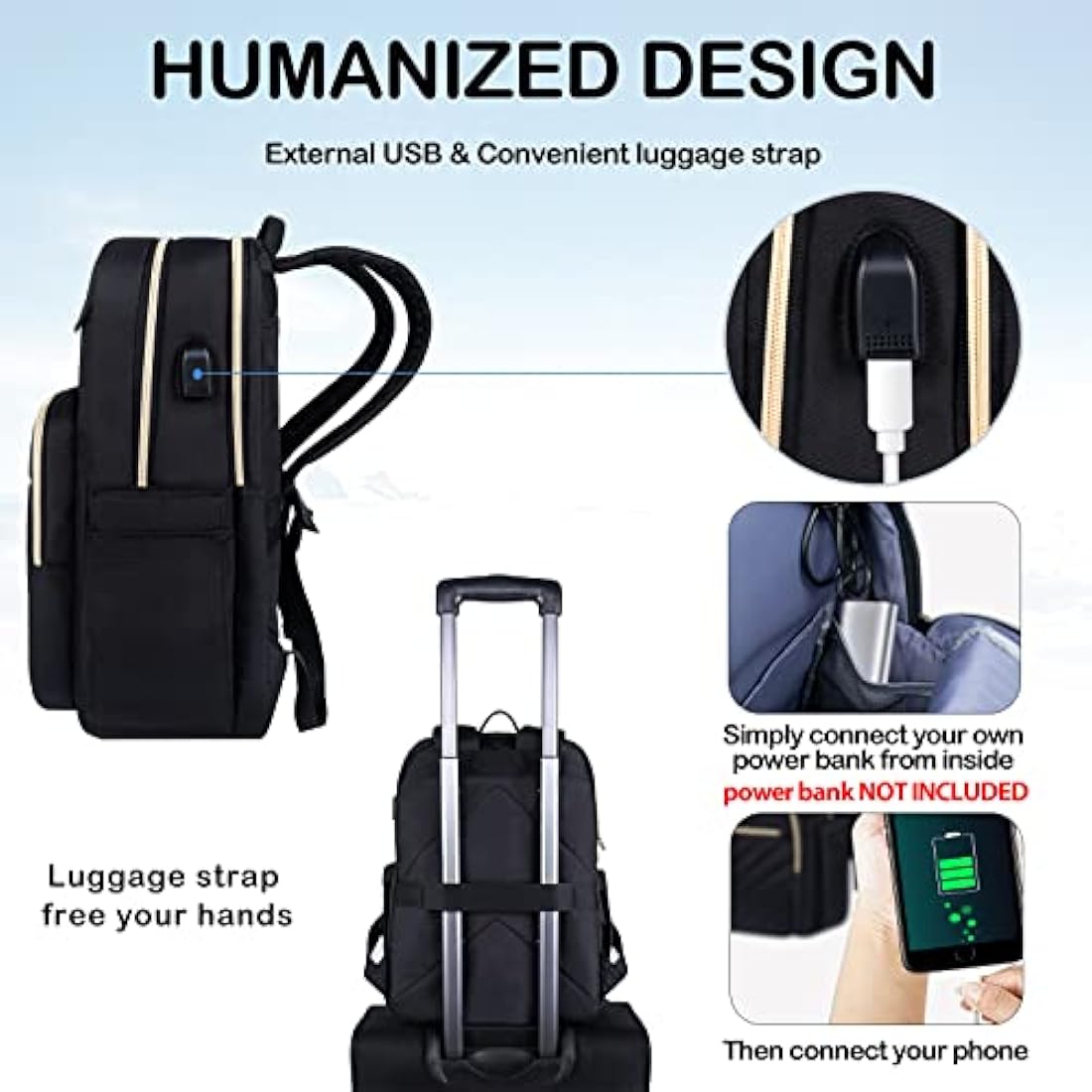 VANKEAN 15.6 Inch Laptop Backpack for Women Men Work Laptop Bag Fashion with USB Port, Waterproof Purse Backpacks Teacher Nurse Stylish Travel Bags Casual Daypacks for College, Business, Black