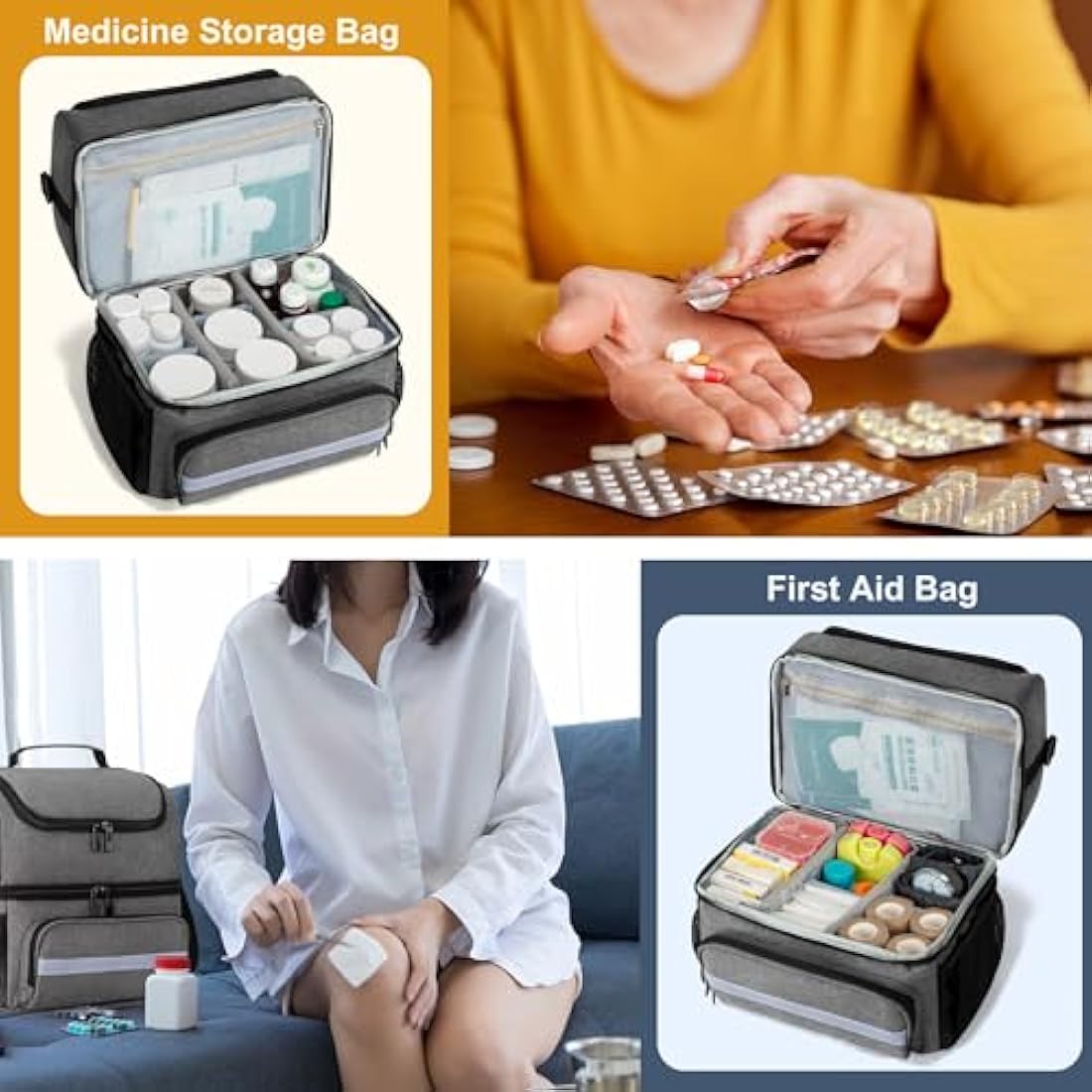 CURMIO Double Layer Medicine Storage Bag Empty, Family First Aid Organiser for Emergency Medical Kits, Portable Medicine Supplies Bag for Home and Travel, Grey